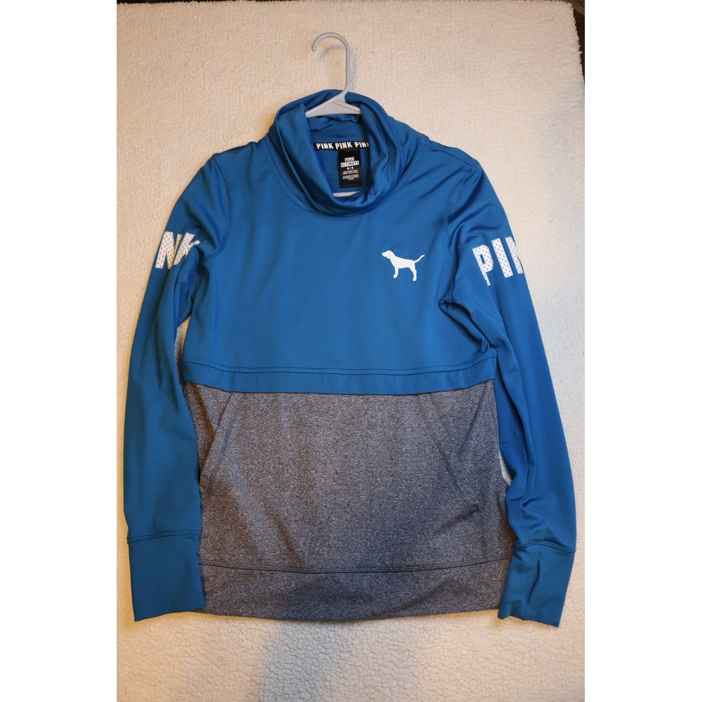 Victorias Secret PINK Ultimate Cowl Neck Pullover Blue Grey Colorblock Medium